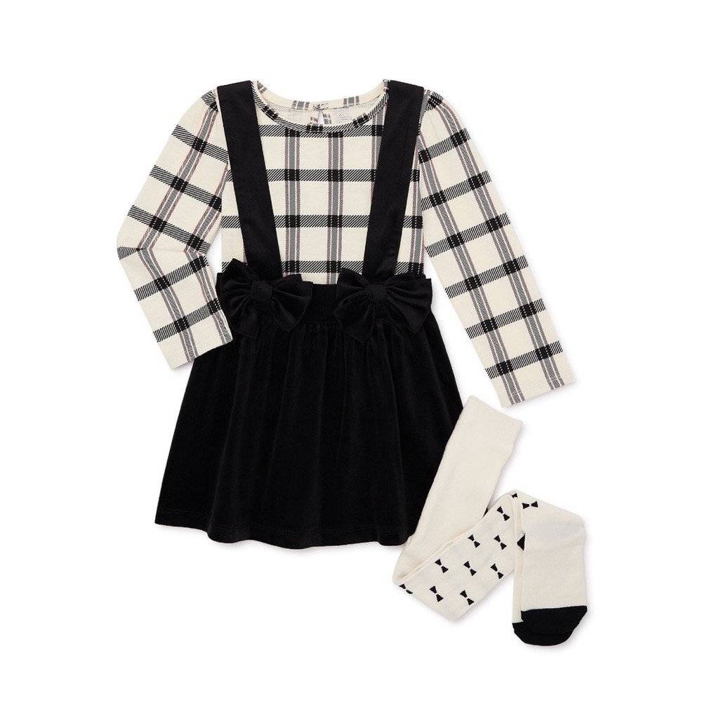 Toddler Girl Pinafore, Top and Tights Outfit Set, 3-Piece, Sizes 12M, 3T, 4T, 5T